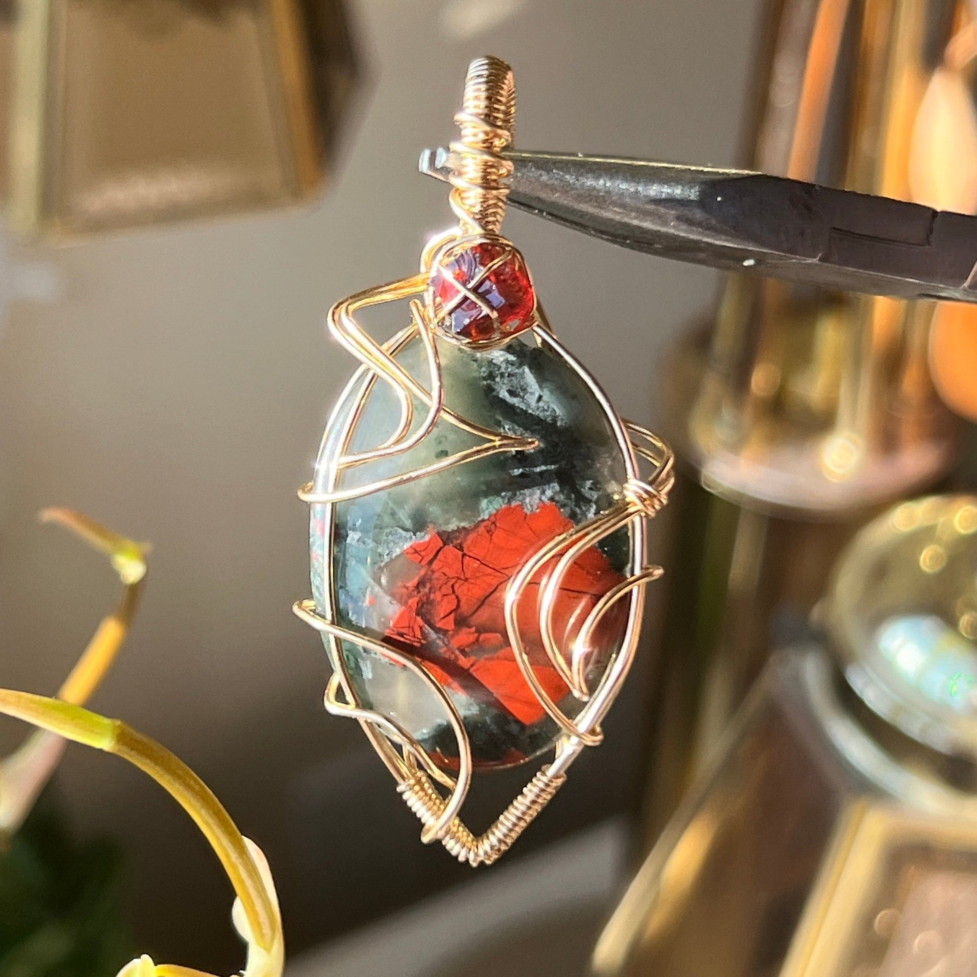 14k GOLD FILLED Bloodstone + Garnet Spiky Pendant