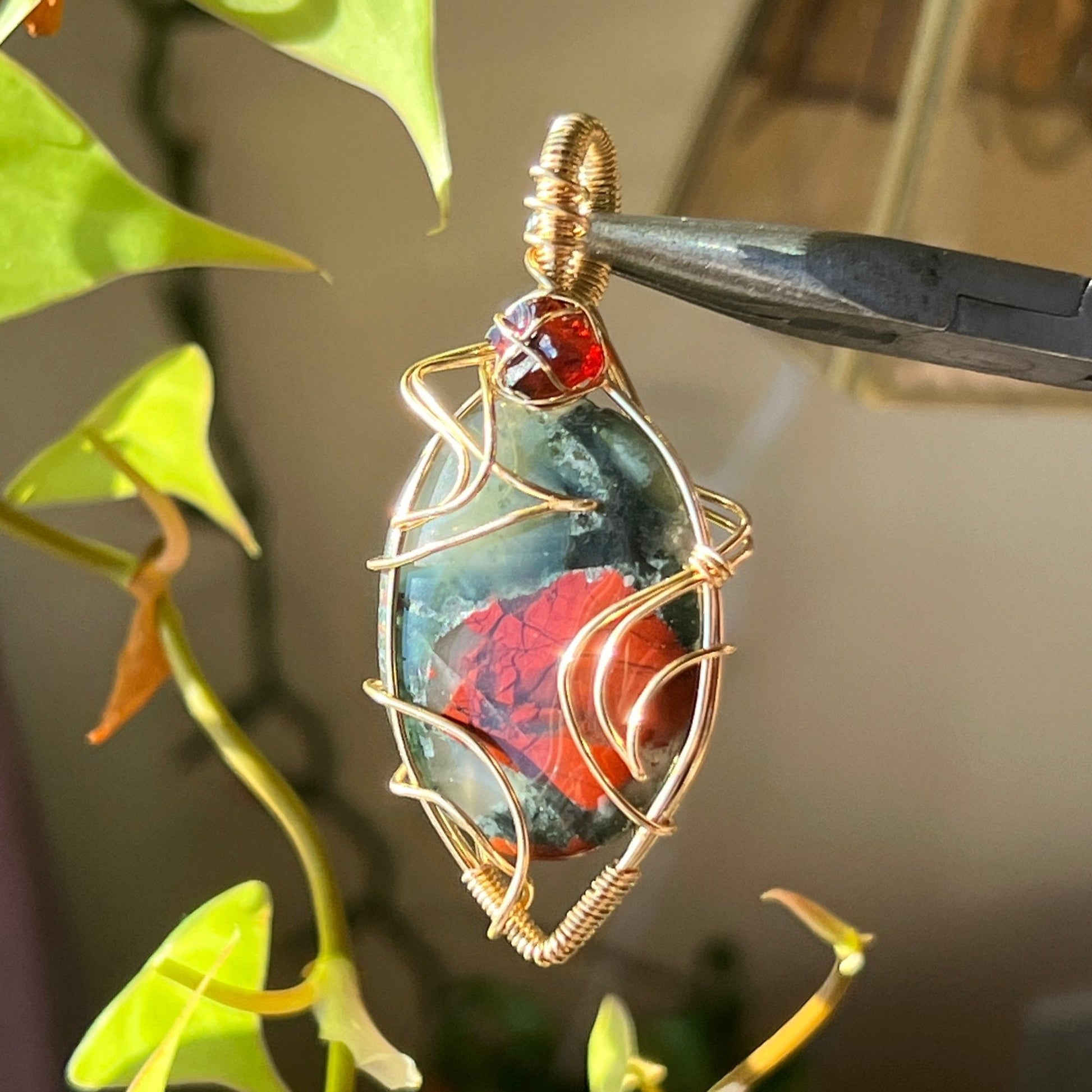 14k GOLD FILLED Bloodstone + Garnet Spiky Pendant