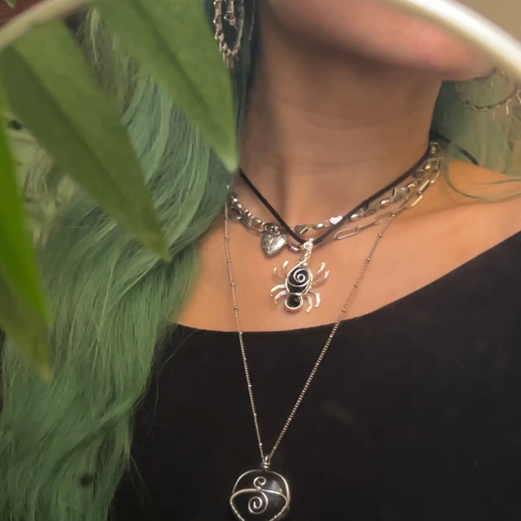 STERLING SILVER Black Onyx Spider Pendant