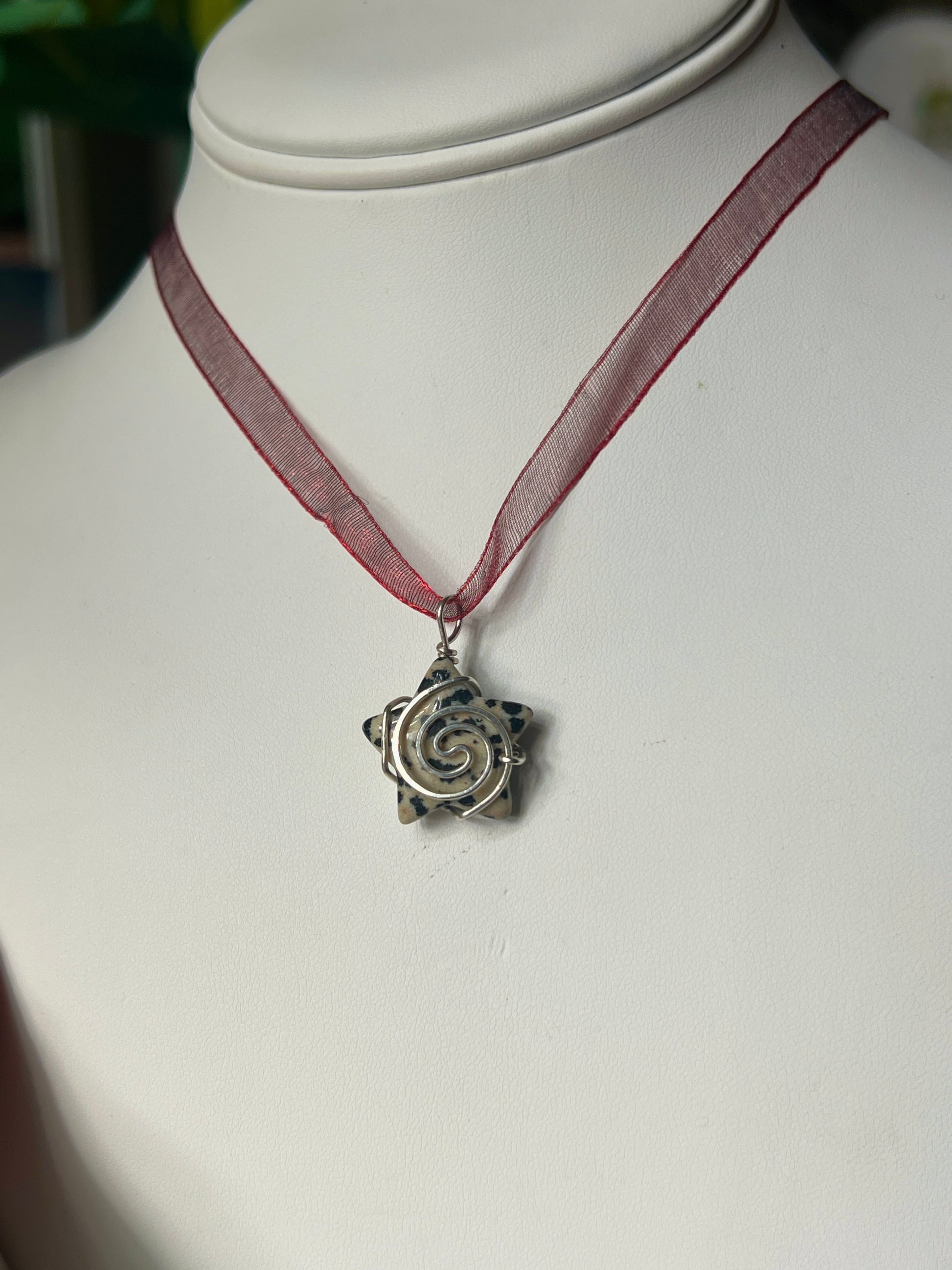 Dalmatian Jasper Swirly Star Ribbon Necklace