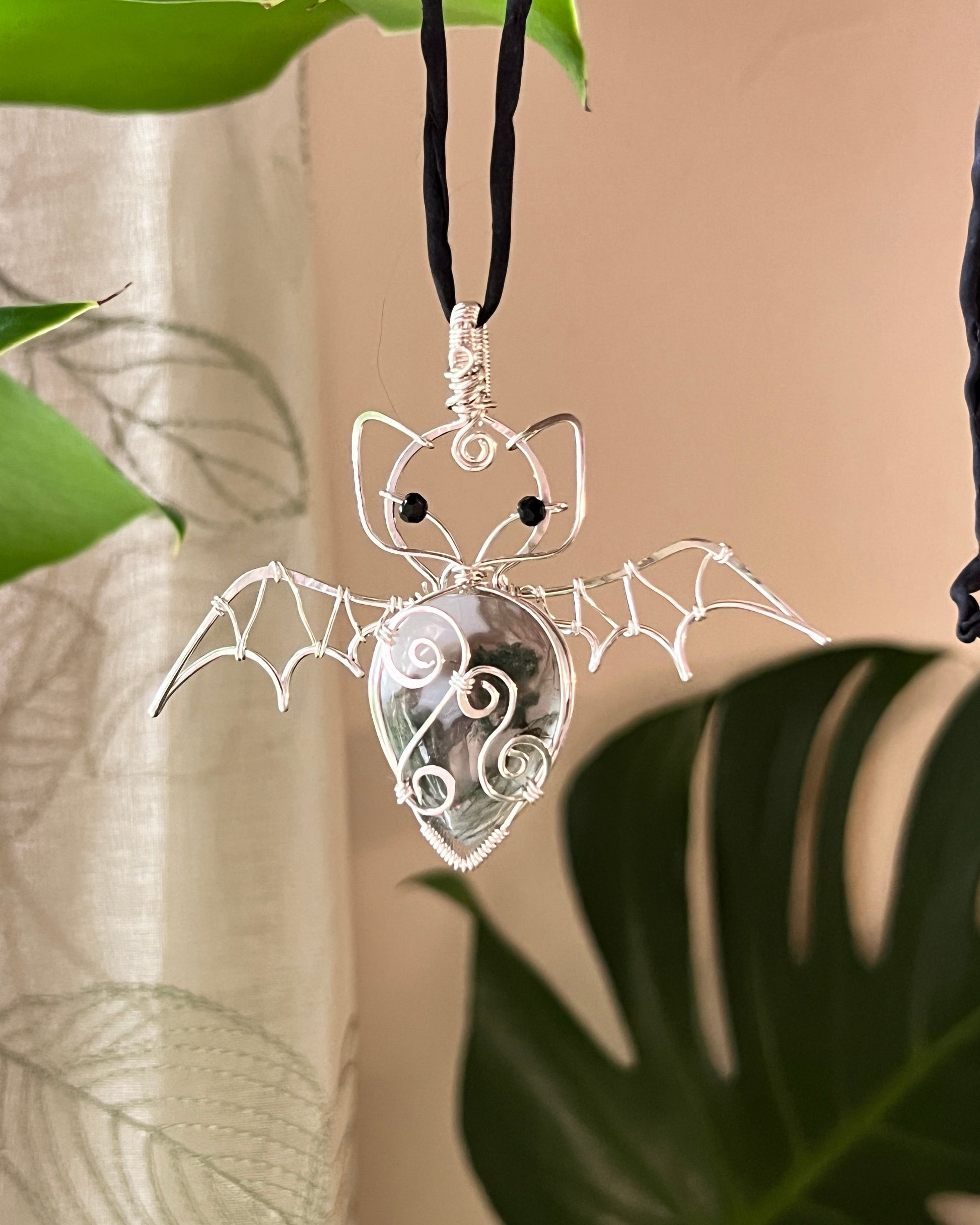 Moss Agate Bat Pendant (STERLING SILVER)