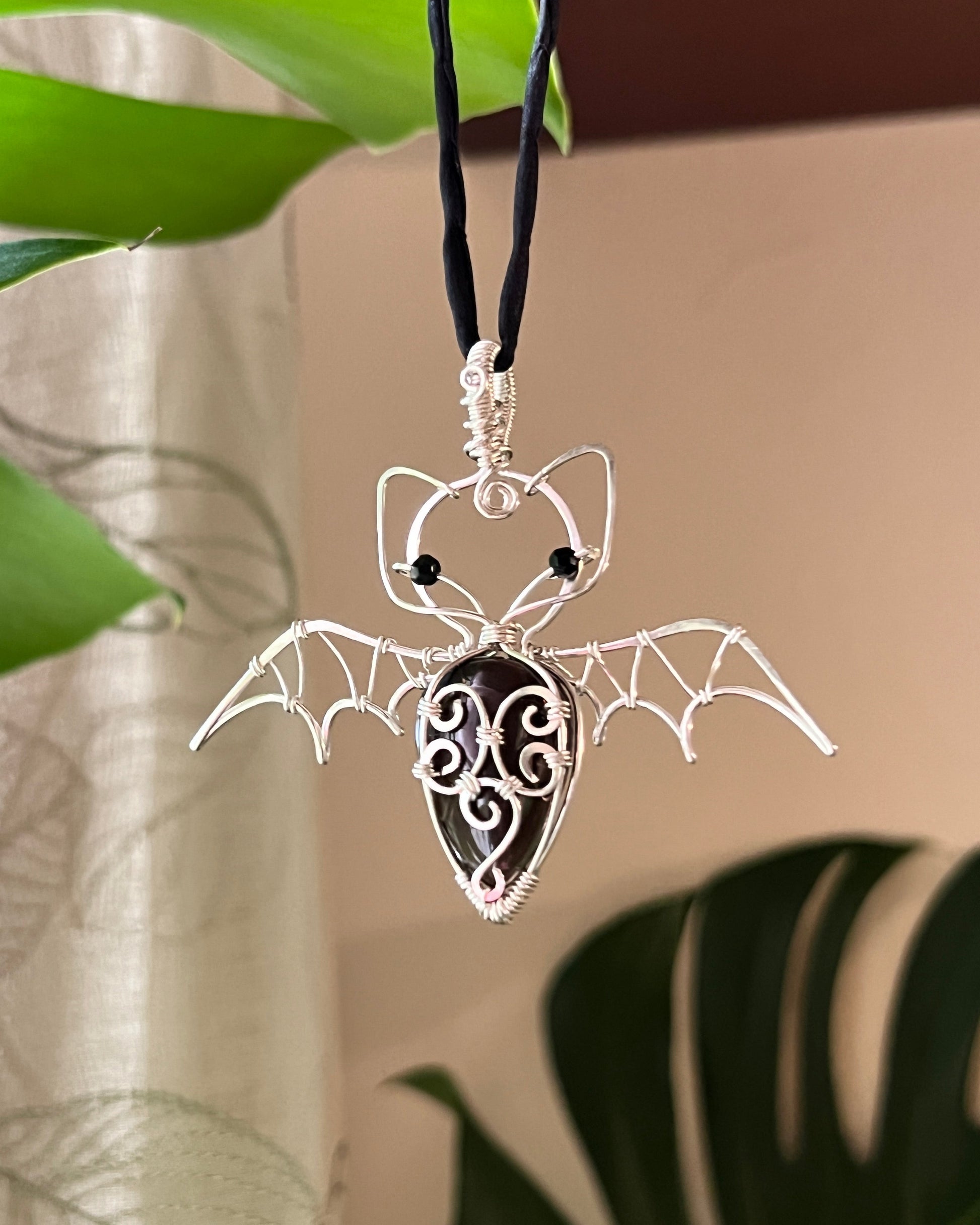 Swirly Smokey Quartz Bat Pendant (STERLING SILVER)
