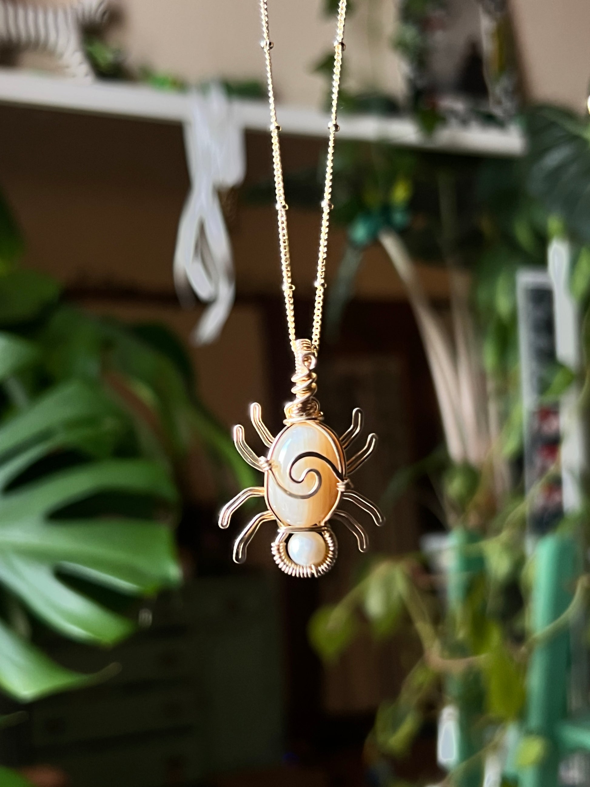 White Agate Spider Pendant (14k GOLD FILLED)