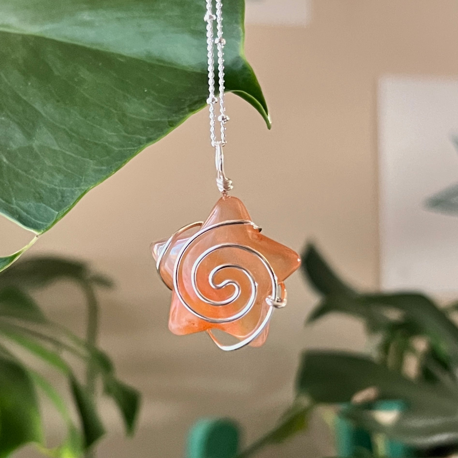 Orange Carnelian Swirly Star Necklace (in silver)