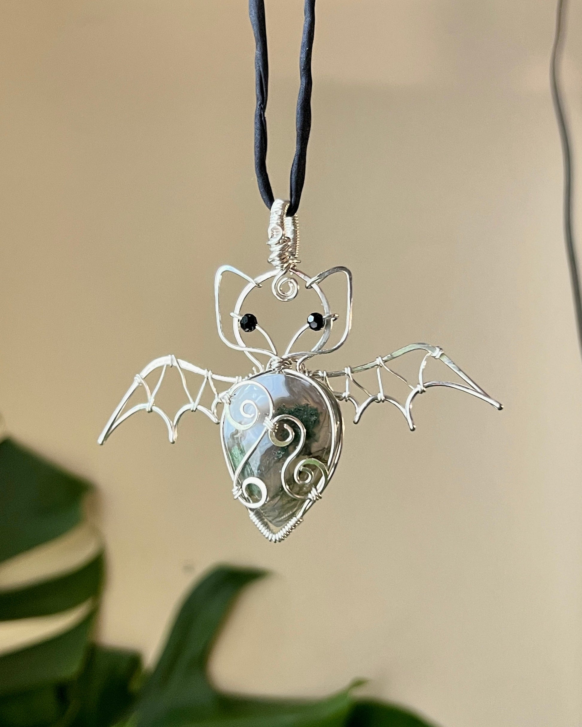 Moss Agate Bat Pendant (STERLING SILVER)