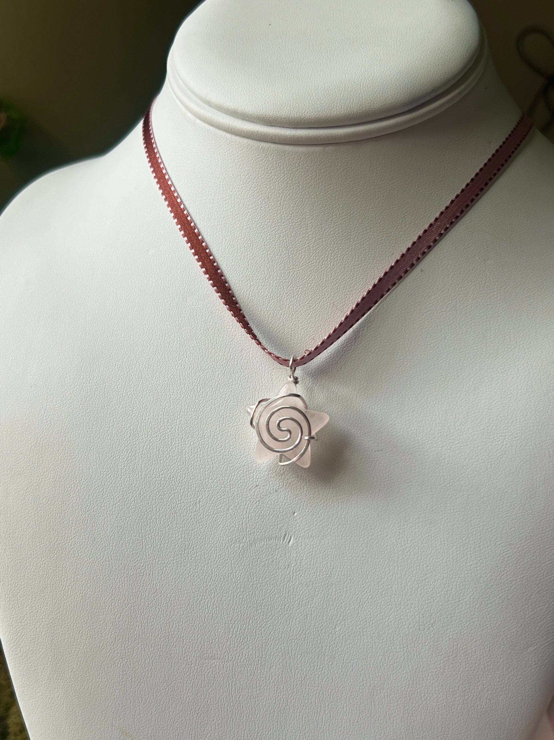 Rose Quartz Swirly Star Ribbon Necklace