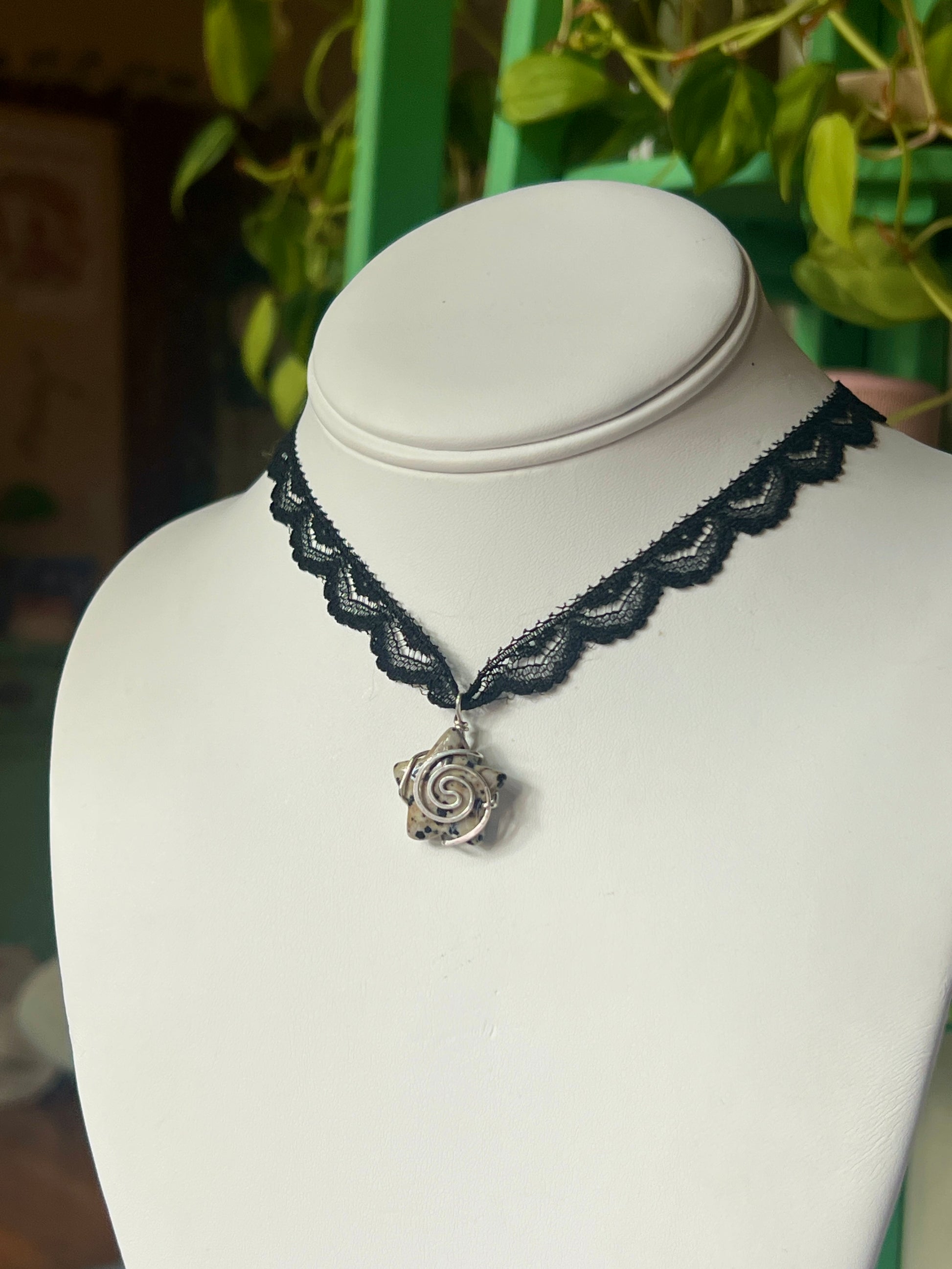 Dalmatian Jasper Swirly Star Lace Necklace