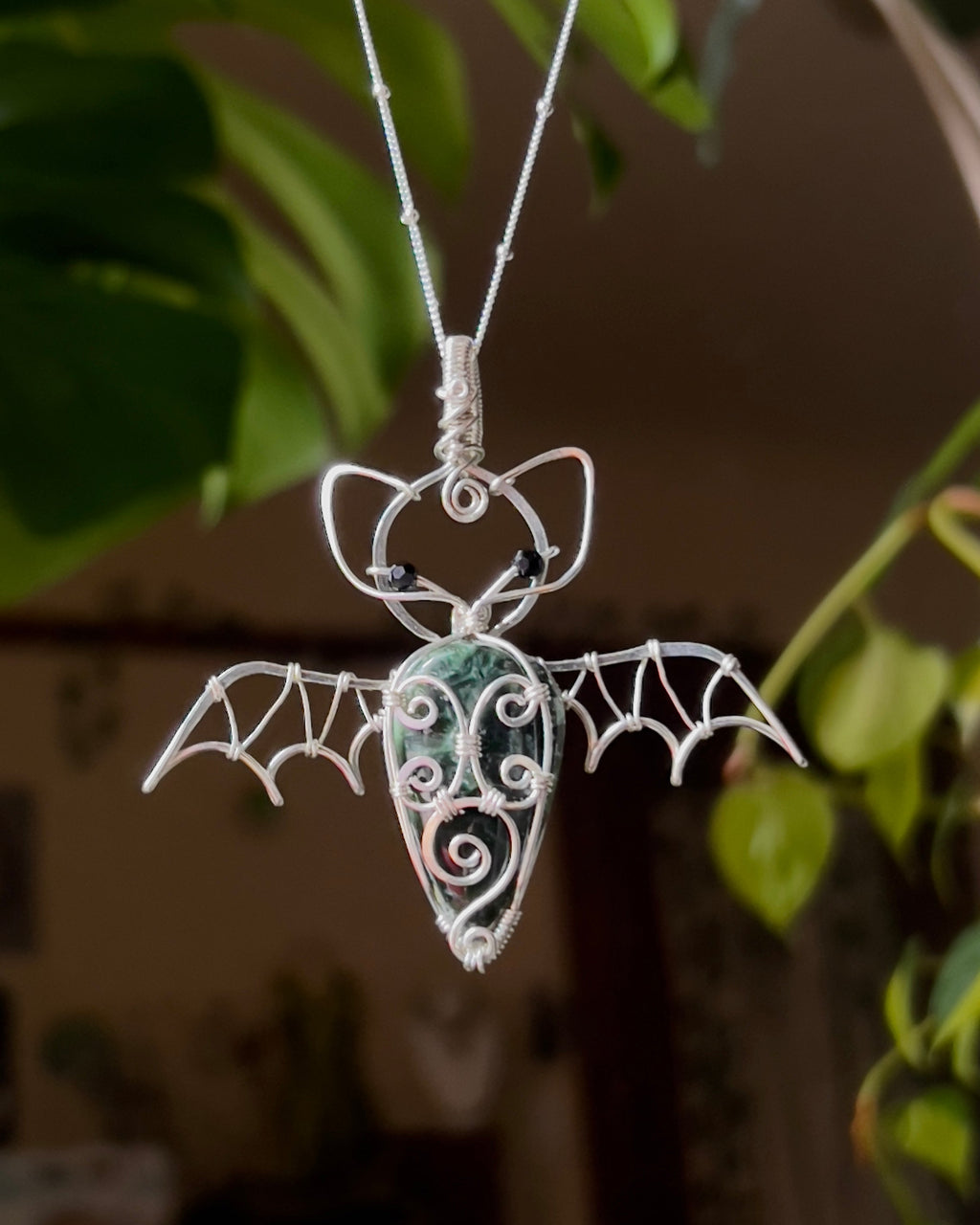 Swirly Seraphinite Bat Pendant (STERLING SILVER)