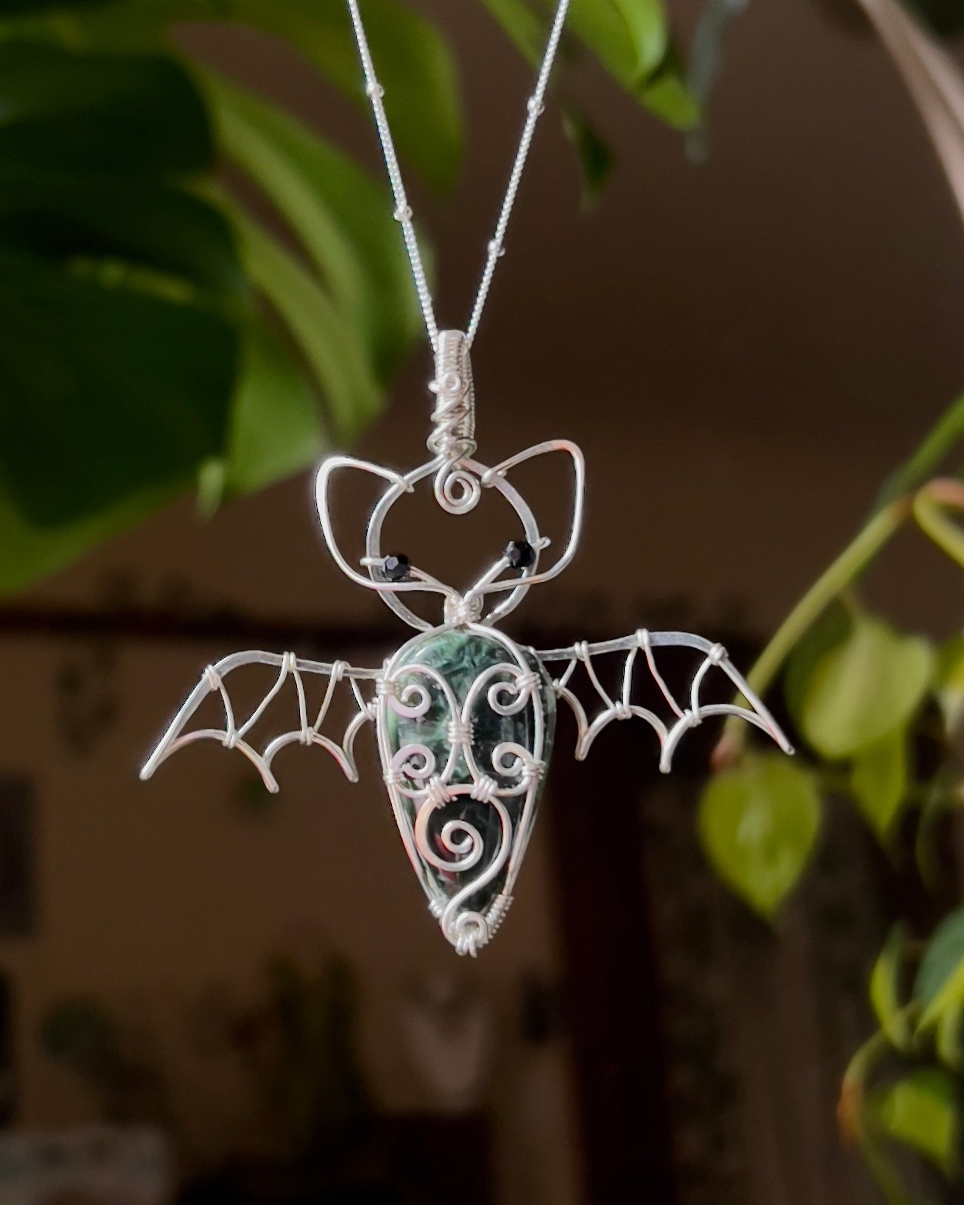 Swirly Seraphinite Bat Pendant (STERLING SILVER)