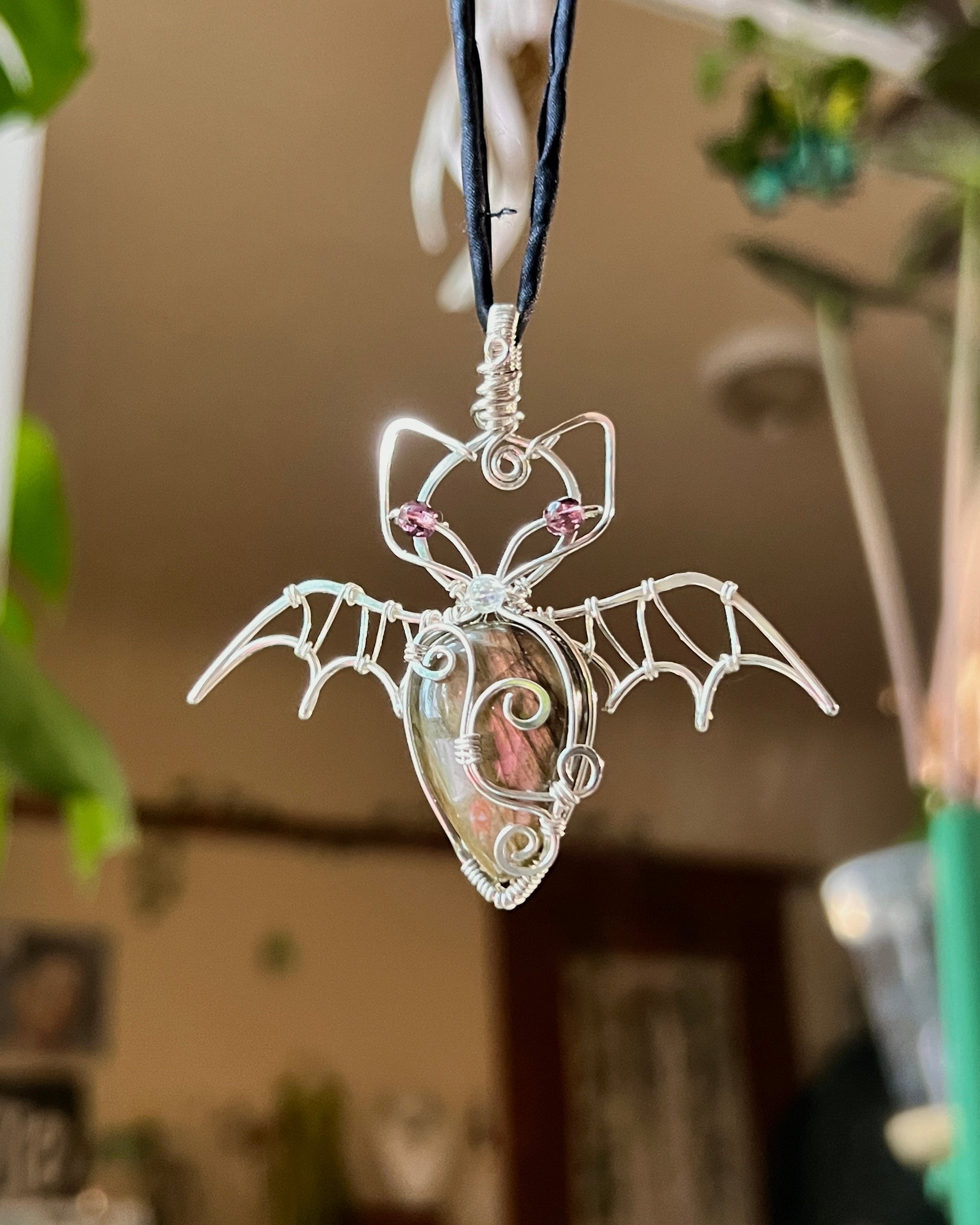 Labradorite Bat Pendant w/ Purple Eyes (STERLING SILVER)