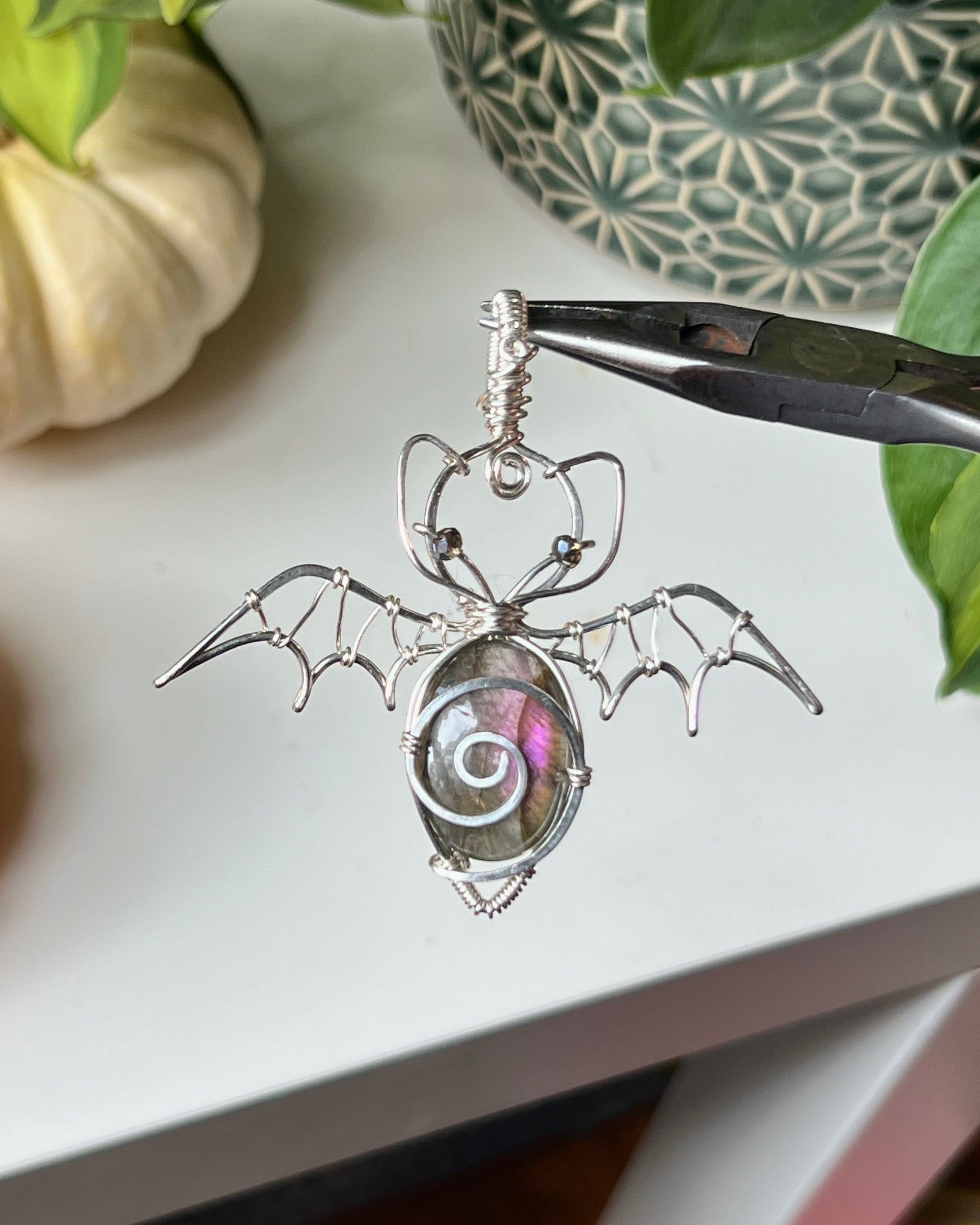 Labradorite Bat Pendant w/ Grey Eyes (STERLING SILVER)