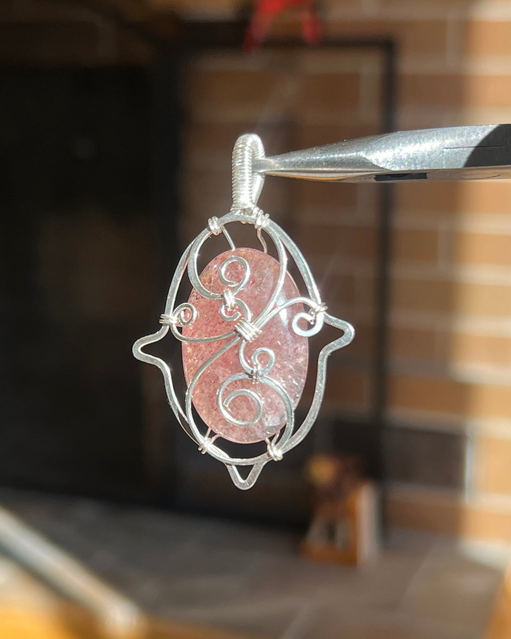 Floating Strawberry Quartz Pendant (sterling silver)