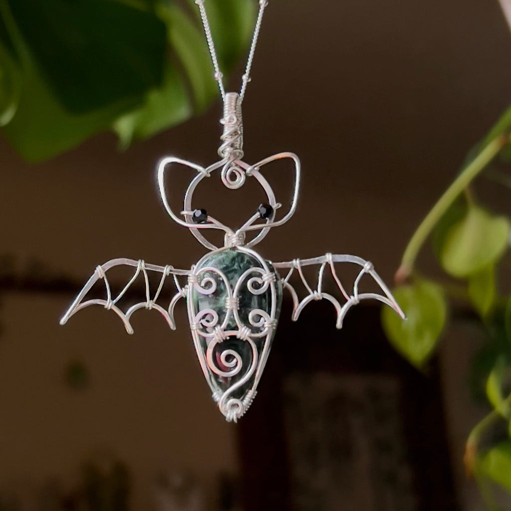 Swirly Seraphinite Bat Pendant (STERLING SILVER)