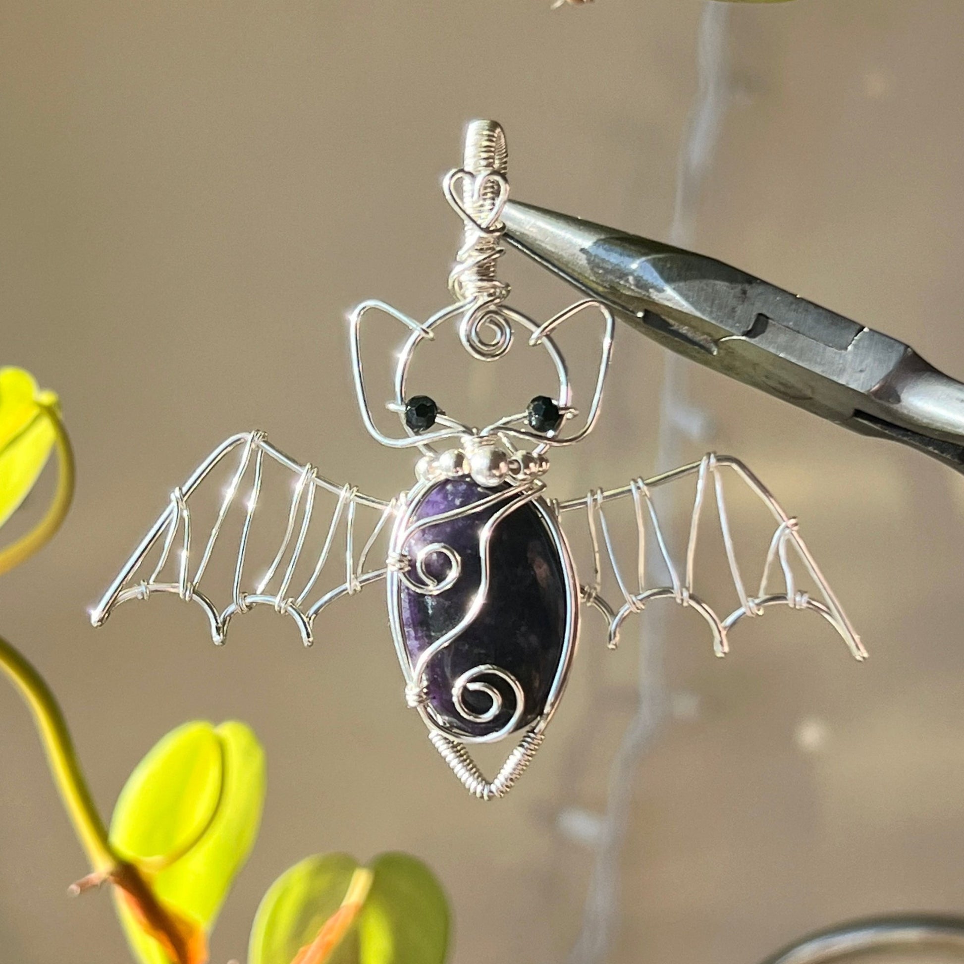 STERLING SILVER Lepidolite Bat Pendant