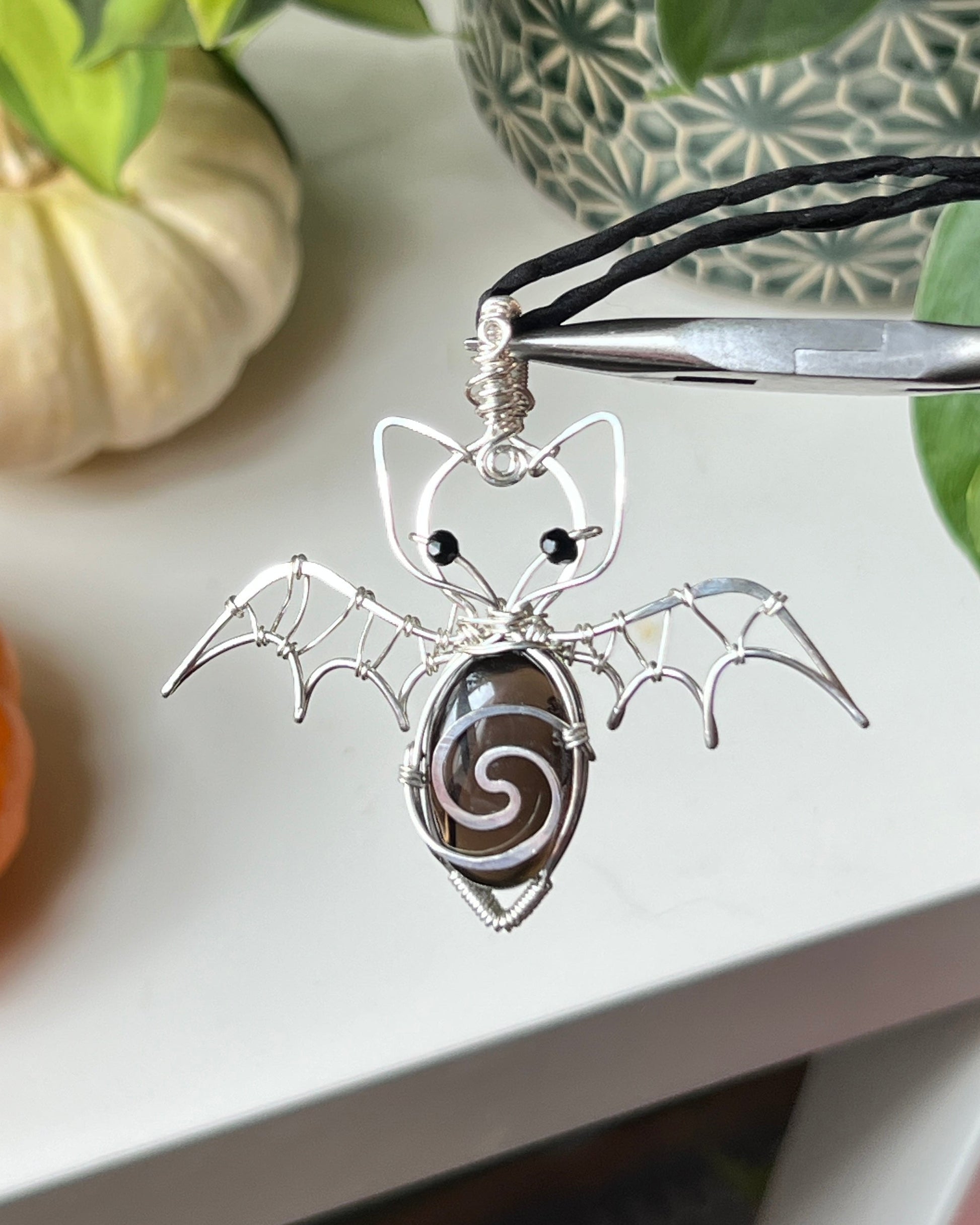 Spiral Smokey Quartz Bat Pendant (STERLING SILVER)