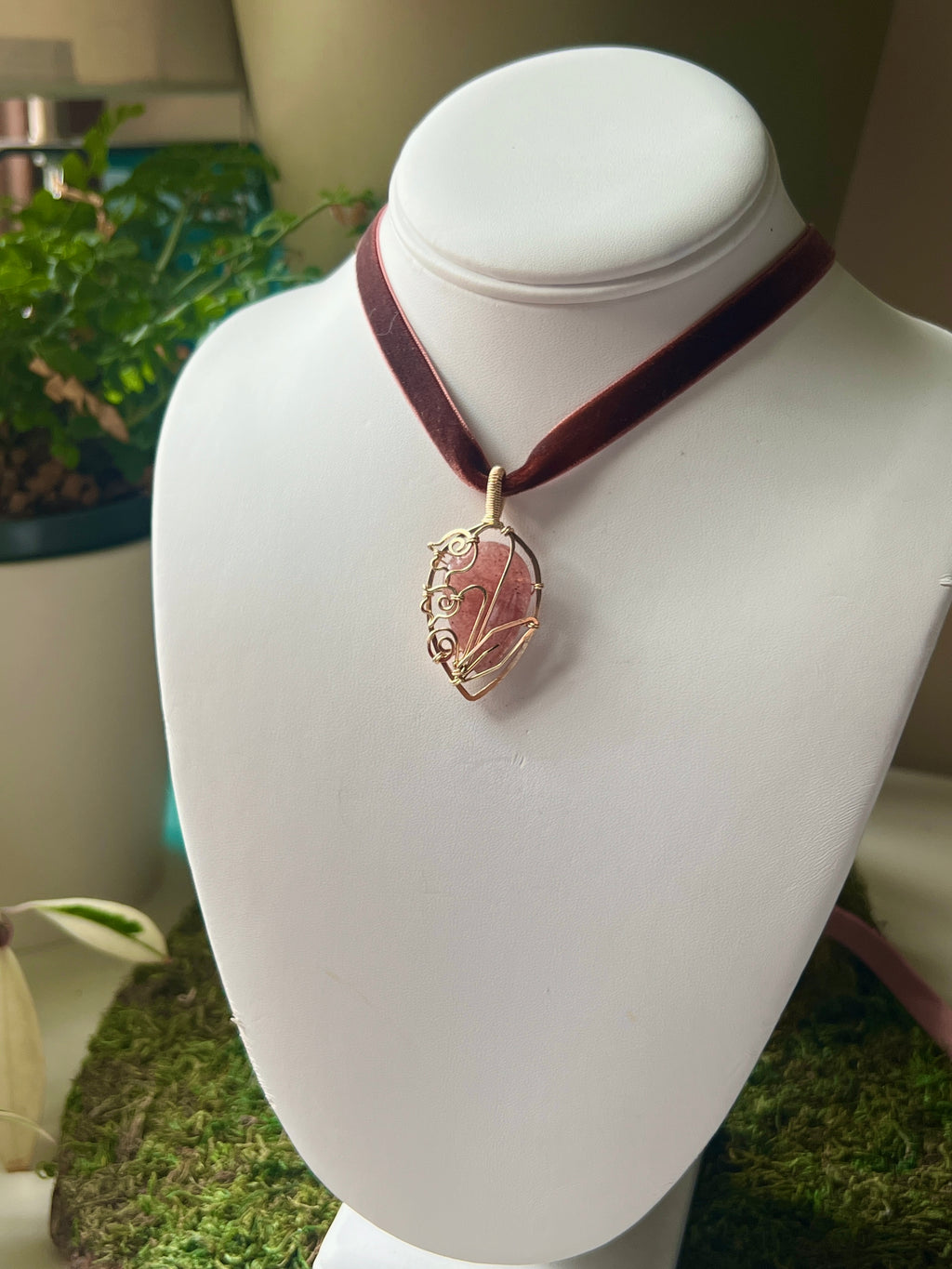 Strawberry Quartz Lily of the Valley Velvet Necklace