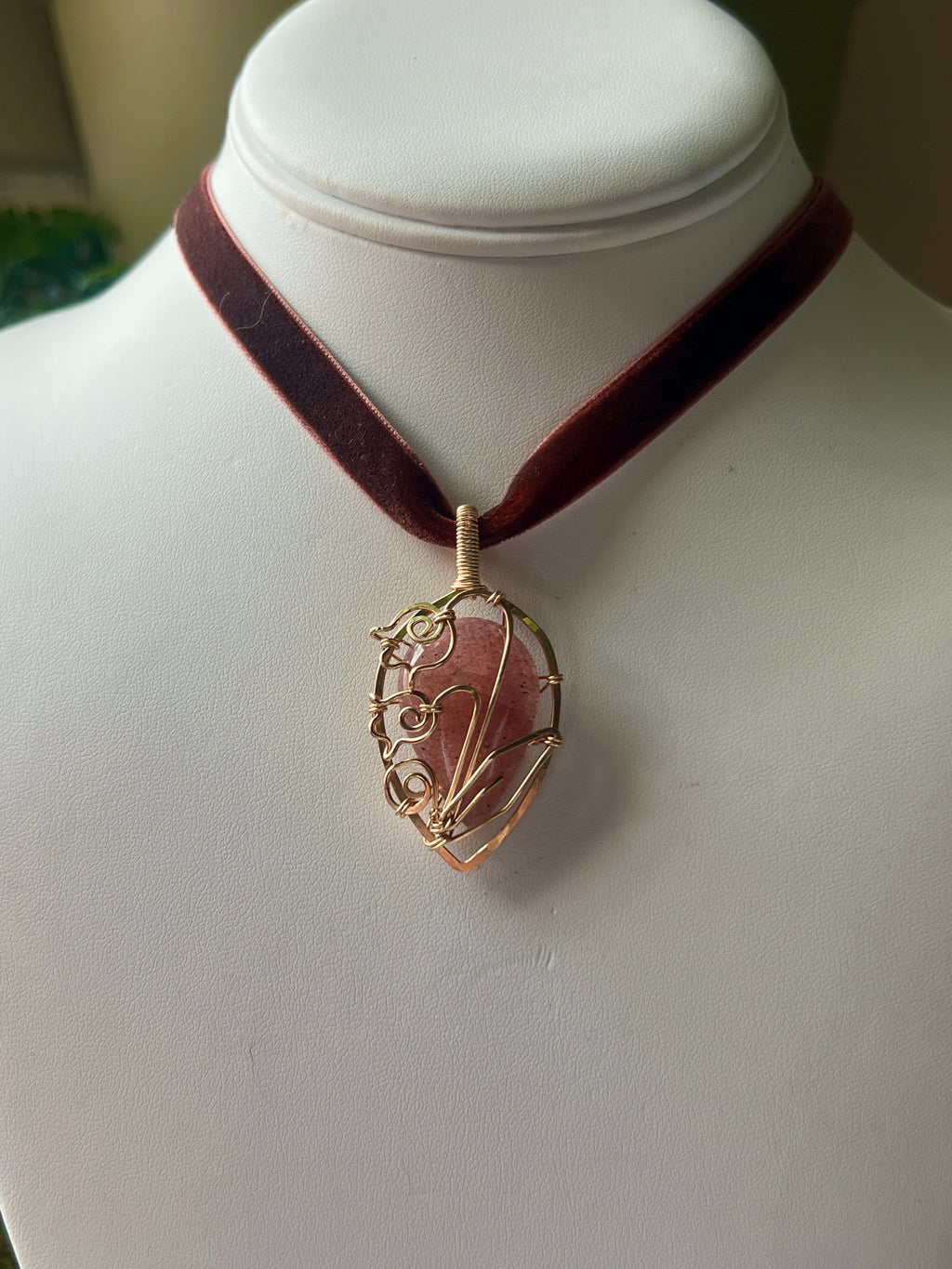 Strawberry Quartz Lily of the Valley Velvet Necklace