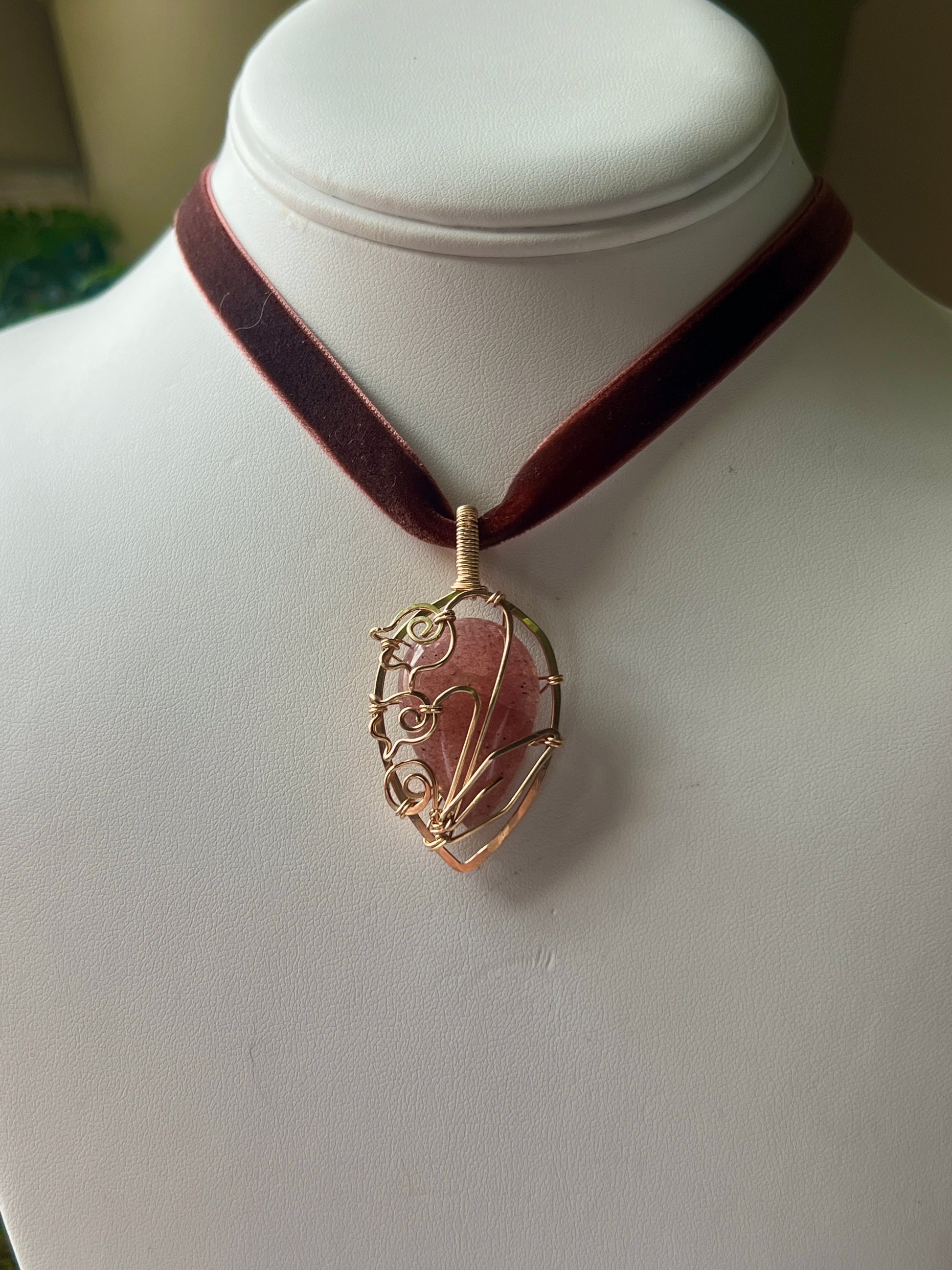 Strawberry Quartz Lily of the Valley Velvet Necklace