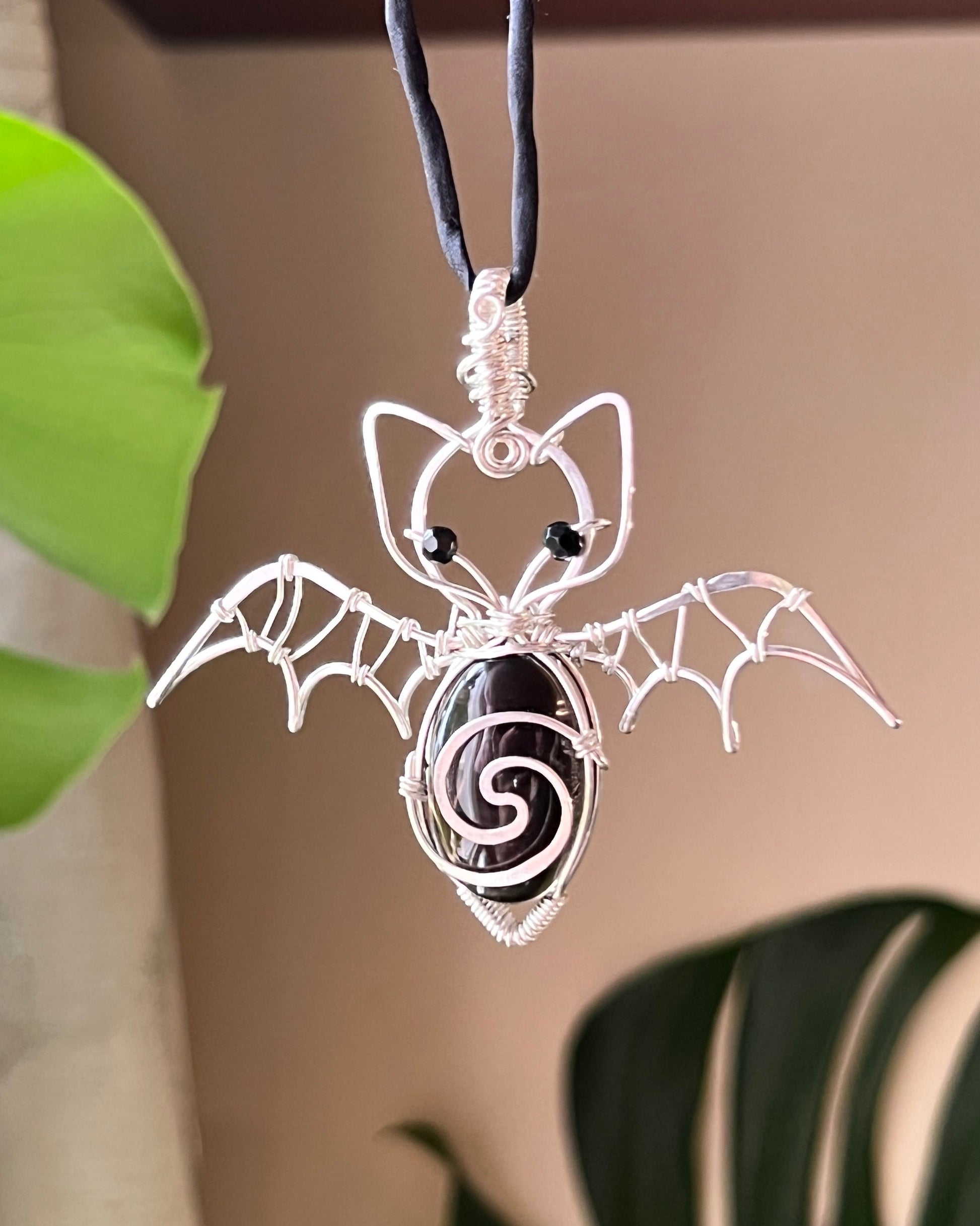 Spiral Smokey Quartz Bat Pendant (STERLING SILVER)