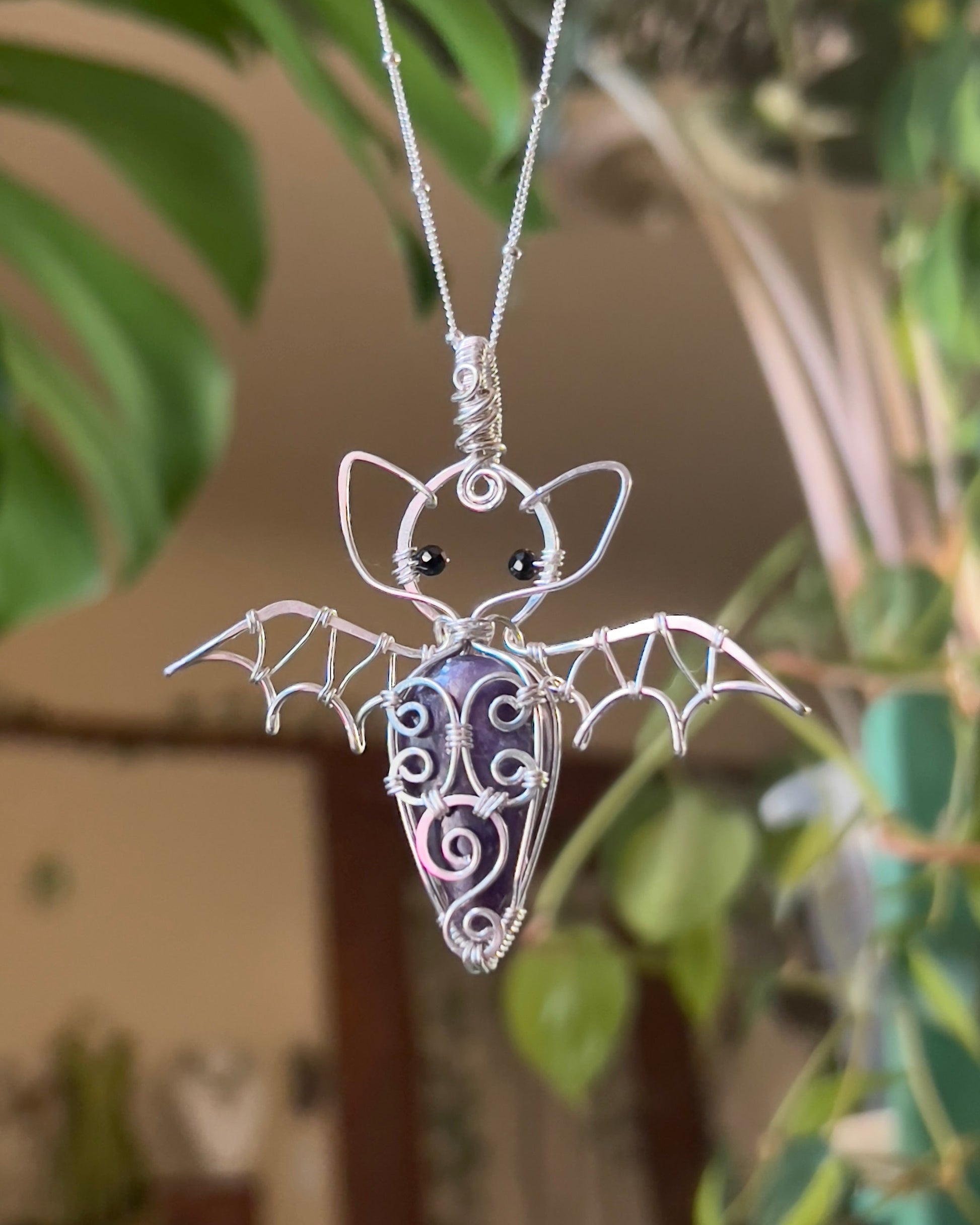 Swirly Lepidolite Bat Pendant (STERLING SILVER)