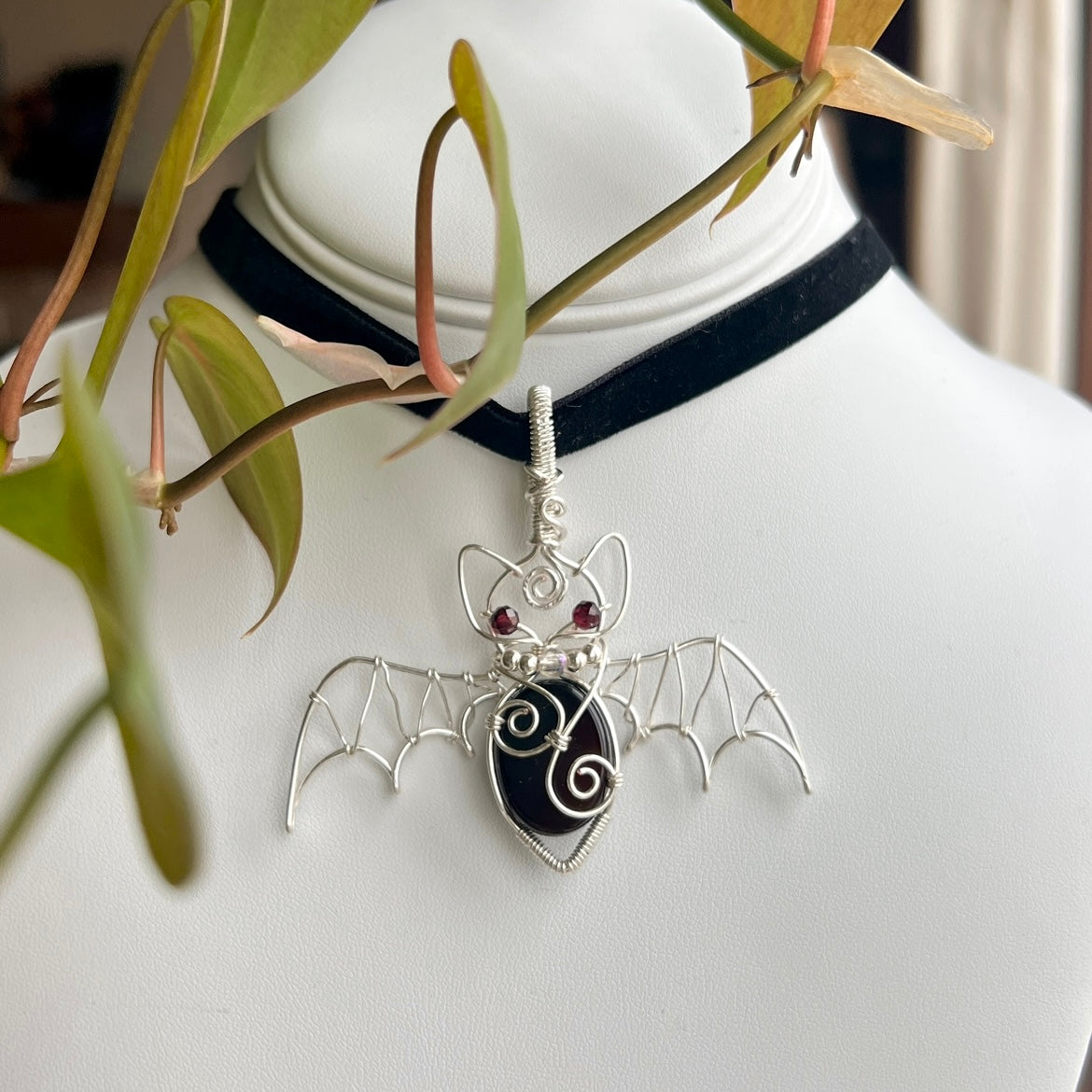 Garnet Eyed Onyx Bat Velvet Choker Necklace