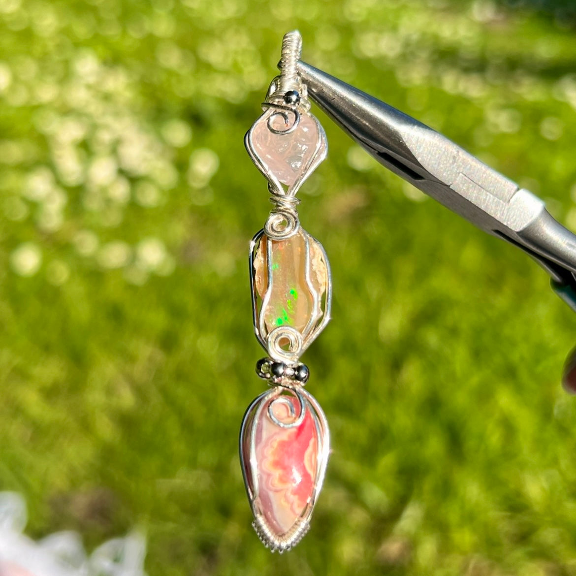 Rose Quartz, Opal, & Rhodochrosite Trio Necklace